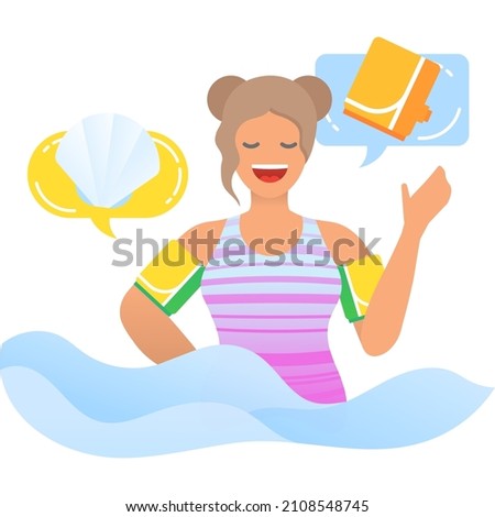 Safety rubber inflatable swim armbands vector icon. Swimming equipment for secure floatation in water. Woman wearing swimwear. Advertisement concept ストックフォト © 