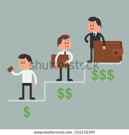 Business concept vector illustration in flat style. Money investment concept. Dollar symbols and wallet. Cartoon businessman get rich and move up