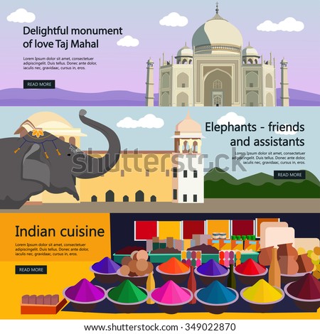 Travel to India banner vector set. Indian culture, tourist attractions and landmarks. Taj Mahal palace and spices market.