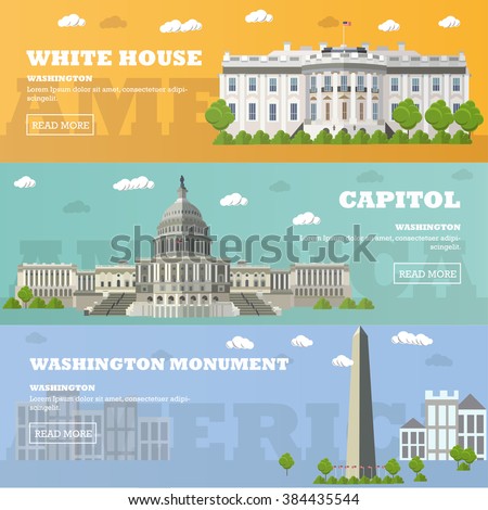 Washington DC tourist landmark banners. Vector illustration with American famous buildings. Capitol, White House, Washington monument.
