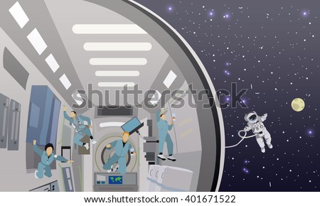 Space mission concept vector illustration. Astronauts in space station and outer space. cosmonauts flying in no gravity space.