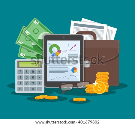 Business and finance concept vector illustration in flat style design. Tablet with financial graphs and charts. Briefcase, calculator, money, paper sheet.