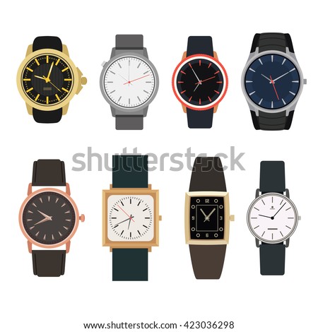 Set of watches in classic design. Vector illustration. Man's gold watches isolated on white background.