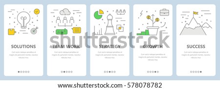 Vector set of vertical banners with solutions, team work, strategy, growth and success concept elements. Thin line flat design symbols, icons for website menu, print.