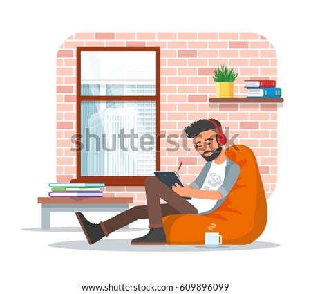 Vector Illustration Of Young Man Sitting In Bean Bag Chair And Making Use Tablet Vector Illustration Of Young Man Sitting In Bean Bag Chair And Making Use Tablet