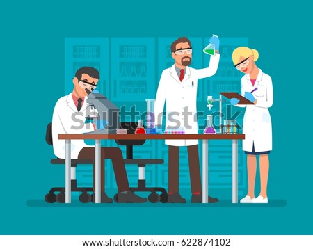 Vector illustration of scientists two men and woman working at science lab. Laboratory interior, equipment and lab glassware. Scientific research concept flat style design element.