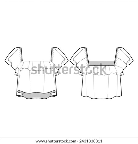 Vector long sleeved top with gathering details fashion CAD, woman cropped square neck blouse with frill details technical drawing, template, mock up, sketch. Blouse flat, front, back view, white color
