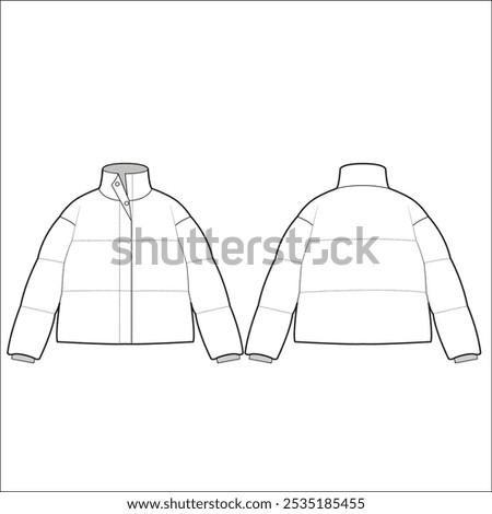 Padded puffer down jacket. Oversized winter quilting coat. Vector technical sketch. Mockup template.