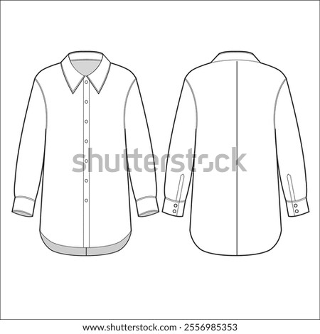 Shirt technical fashion Illustration. Classic Shirt fashion flat technical drawing template, button, oversize, pocket, front and back view, white, women, men, unisex CAD mockup.