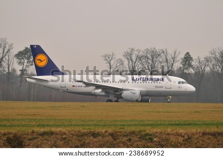 This is a view of Lufthansa plane start on the Lublin Airport. December 18, 2014. Lublin Airport in Swidnik, Poland.