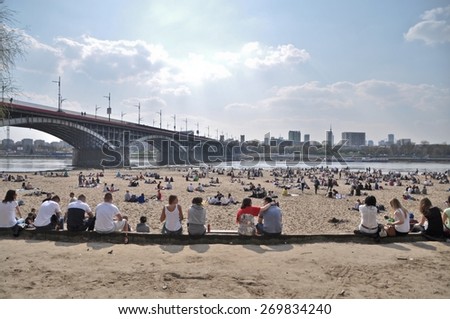 This is a view of beach by the Wisla River in Warsaw during the first day of new season. April 11, 2015. Beach in Warsaw, Poland.