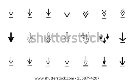 Set of file download signs on white background, download arrows, file download symbol isolated, software icon, upload icon, download button collection