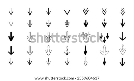 Set of different black arrows pointing down, arrow down document file symbol icon, download button, cursor collection on white background, scroll illustration sign collection, down arrow icon