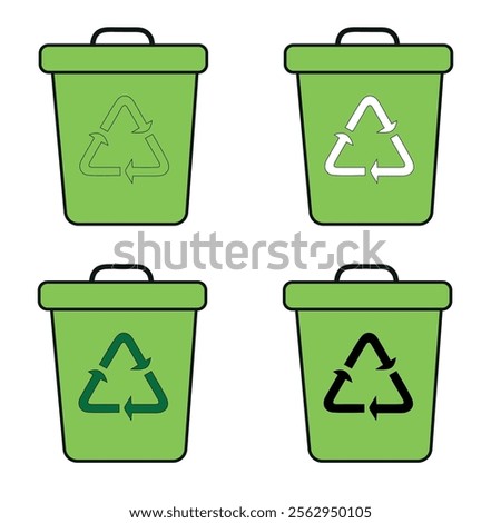 Set of green trash containers with recycling sign, dumpster in closed condition for disposal, waste reuse and recycle, save environment concept, recycling and garbage cans collection