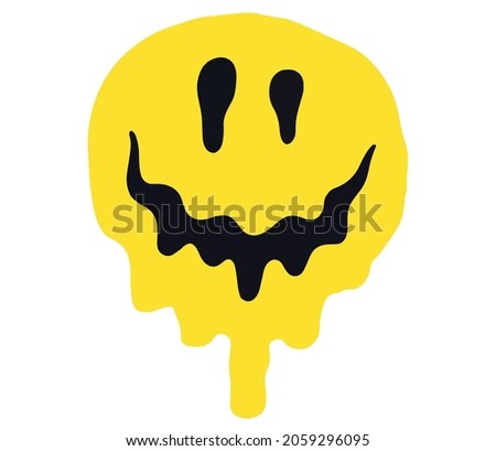 Melting smile. Dripping smile. Smile icon. Yellow smile. Good mood. Positive emoji. Flowing liquid. Paint splatter. Vector emoji. Emoji face. Face symbol. Positive emoji. Happy face.