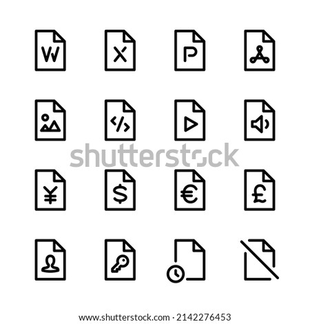 Set of icons for various files; Office documents, images, videos, audio, codes, and other media types, currencies, users, key files and history