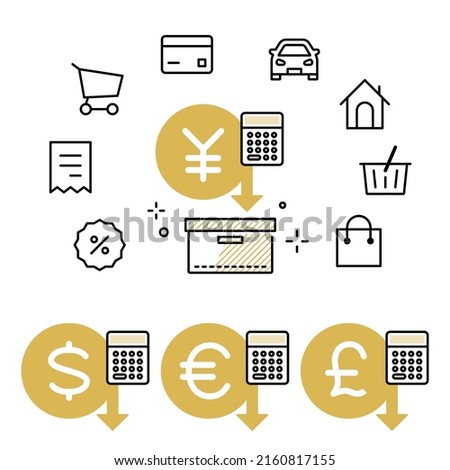 Cost management Various types of expenses and icon sets in Japanese yen, dollars, euros, and pounds