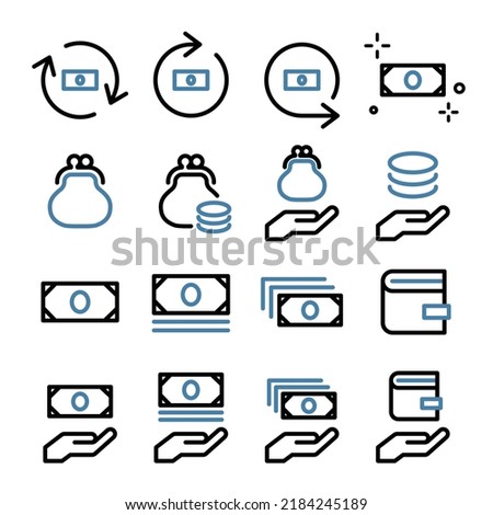 Set of icons of money, banknotes, coins coins, payment, wallet, purse, household, finance