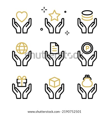 Icon set with various objects clasped in the palms of both hands