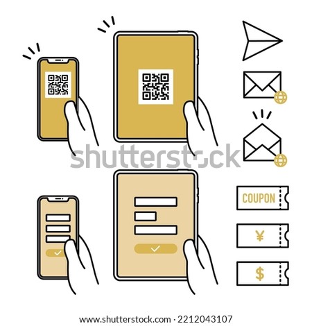icon set of holding smart phone and tablet with QR code and form, mail and coupon for user registration, participaiting promotion, and entry