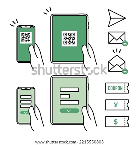 icon set of holding smart phone and tablet with QR code and form, mail and coupon for user registration, participaiting promotion, and entry