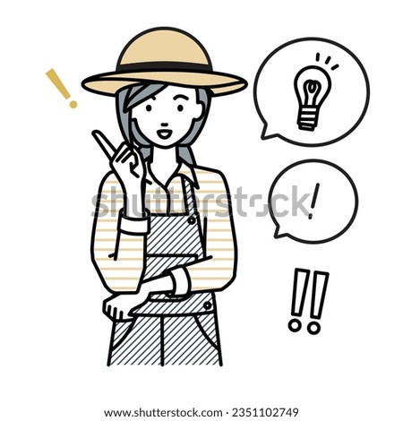 a farmer woman getting a great idea standing with pointing hand gesture light bulb and exclamation symbol set