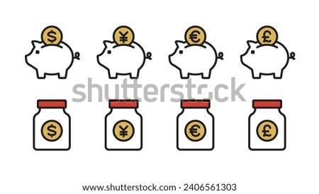 Piggy bank and money jar icon set Currency variations: Japanese yen, dollar, euro, pound Variable line width