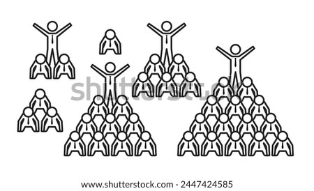 Pictogram of a human figure, set of human pyramid poses of a businessman wearing a tie, line width variable