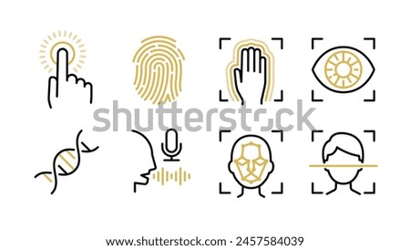 Icon set for biometric authentication, fingerprint, palm vein, iris, DNA, voice, and face, Variable line width