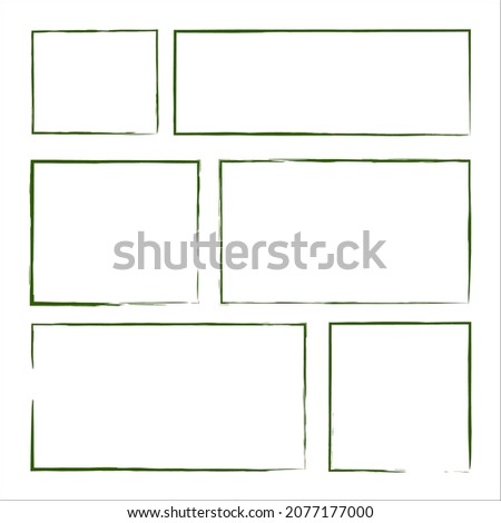 Green ink rectangle outline set. Abstract art design. Doodle style. Pen drawing. Vector illustration. Stock image. 