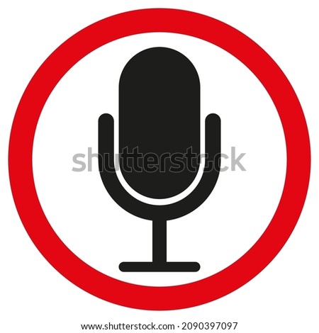 Microphone in red circle. Outline frame. Radio symbol. Record element. App emblem. Vector illustration. Stock image. 