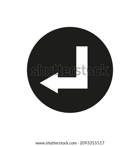 Corner down left arrow. Black circle. Angular sign. Navigation element. Simple design. Vector illustration. Stock image.