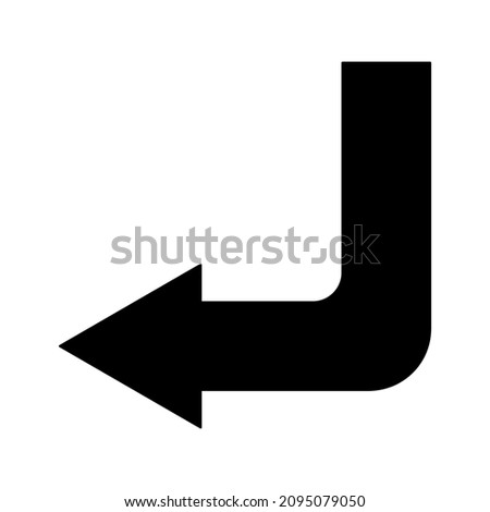 Corner down left arrow. Soft angular sign. Isolated app element. Navigation background. Vector illustration. Stock image. 