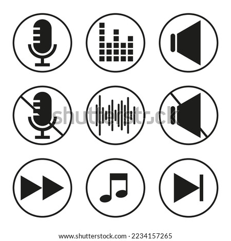 Sound icons. Speaker icon. Megaphone speaker. Play video button set. Vector illustration. Stock image. 