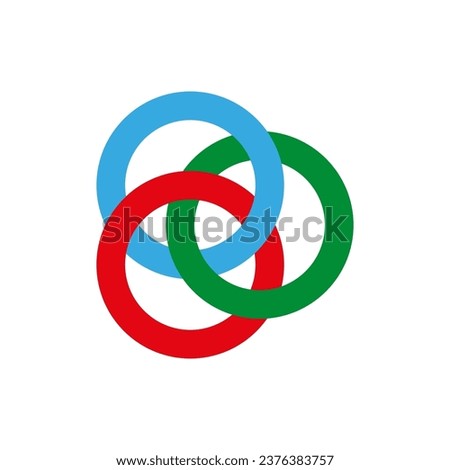 Borromean rings. Three simple closed curves. Three colored intersecting circles, rings. Vector illustration.
