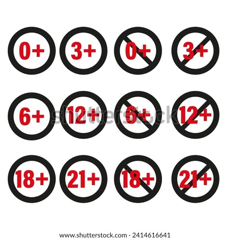 Censored 0, 3, 6, 12, 18, 21 plus sign limit concept. Age restrictions censorship symbol. Vector illustration. EPS 10.