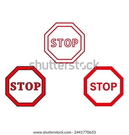 Stop signs set. Red octagonal traffic symbols. Warning stop signs. Safety alert icons. Vector illustration. EPS 10.