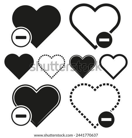 Dislike hearts collection. Negative feedback heart shapes set. Unfavored love symbols variety. Disapproval signs with hearts. Vector illustration. EPS 10.