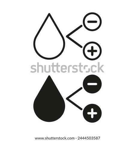 Humidity level adjustment icons. Water drop with plus and minus signs. Humidifier control symbols. Vector illustration. EPS 10.