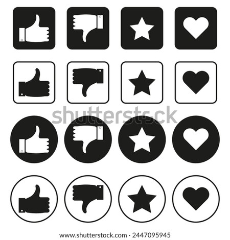 Social media feedback icons. Like and dislike buttons. Star rating symbol. Heart appreciation sign. Vector illustration. EPS 10.
