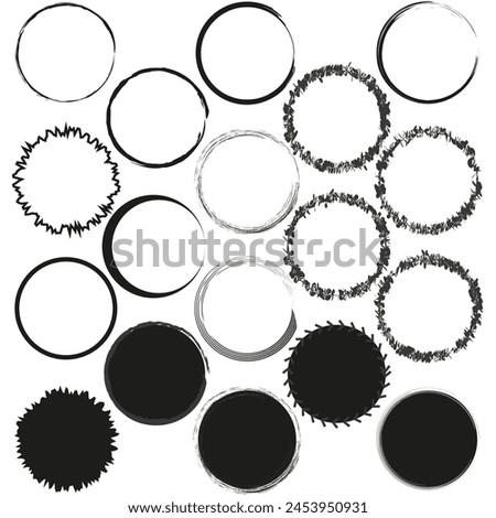 Variety of grunge circle outlines. Set of round stamps and badges. Ink brush borders. Vector illustration. EPS 10.