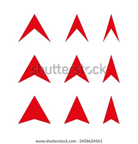 Red arrowheads set. Vector directional symbols. Upward pointing navigational icons.