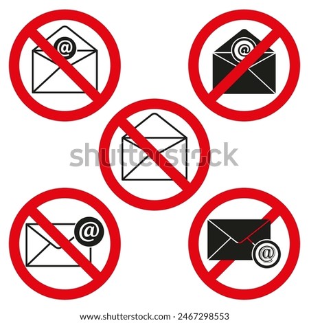 No email icons. Red prohibition signs. Black and white envelopes. Vector communication ban.