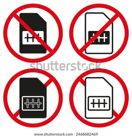 No SIM card icons. Prohibited red circle. Black and white vector. Communication ban.