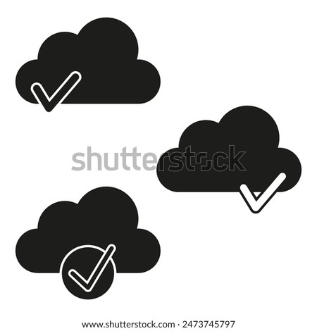 Black cloud icons. Checkmark symbols. Cloud computing vector. Simple flat design.