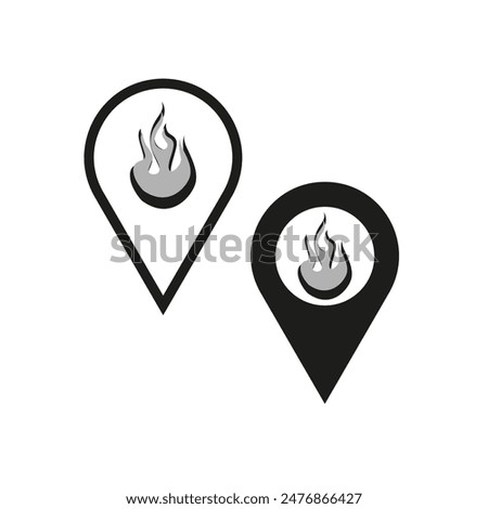 Fire location icons. Map pin symbols. Flame vector design. Simple black outlines.