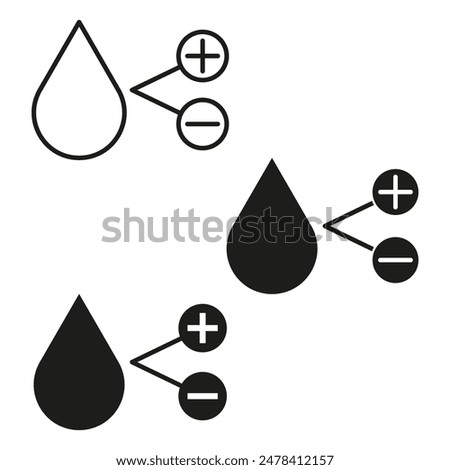 Water drop icons. Plus and minus symbols. Black and white vector. Simple design.