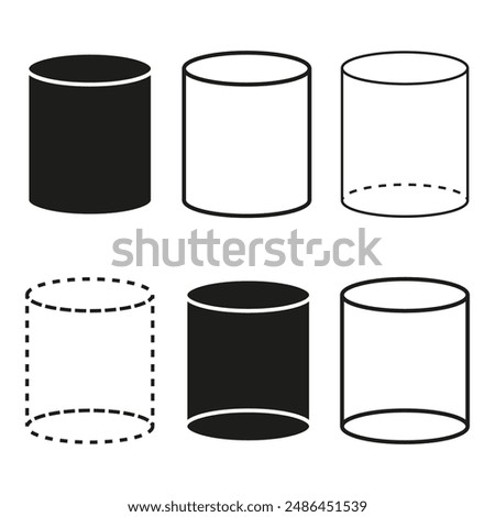 Cylinder shape icons. Different cylinder styles. Geometric vector symbols. Solid and dashed outlines.