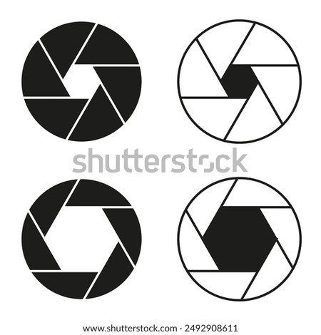 Camera shutter icon set. Aperture symbol designs. Black and white vector illustrations. Photography concept.