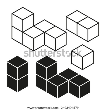 3D cube vector set. Isometric black and white blocks. Geometric shapes collection. Abstract design.